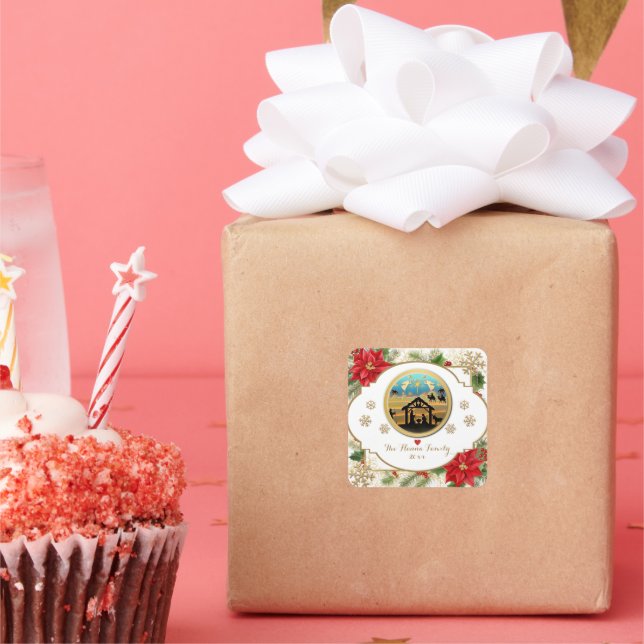 Adesivo Quadrado Feliz Natal, Cena da Natividade Jesus (Festa)