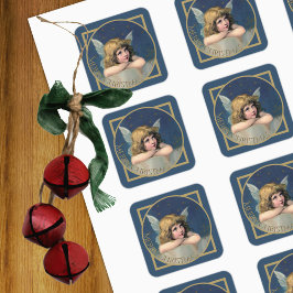 Adesivo Quadrado Feliz Natal Cherub Angel Vintage Blue Dourado