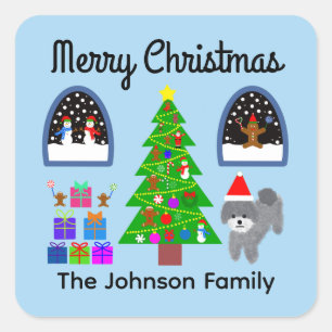Adesivo Quadrado Feliz Natal Cinza Poodle Natal #4 Stickers