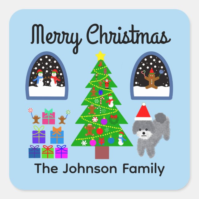 Adesivo Quadrado Feliz Natal Cinza Poodle Natal #4 Stickers (Frente)