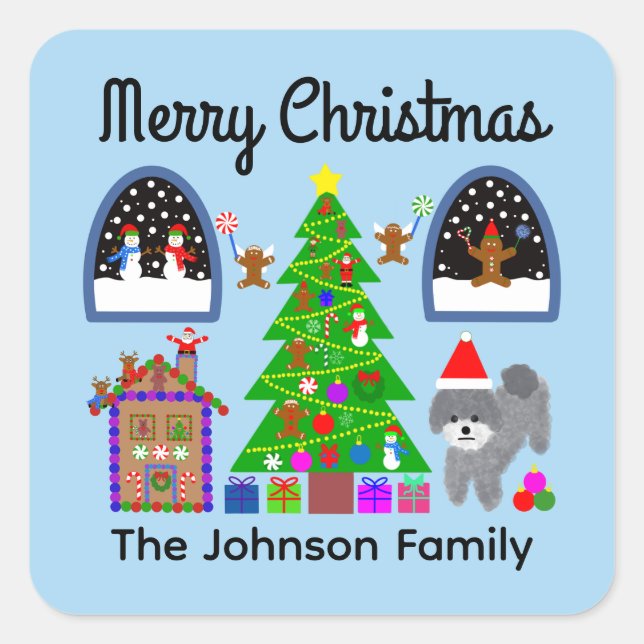 Adesivo Quadrado Feliz Natal Cinza Poodle Natal #6 Stickers (Frente)