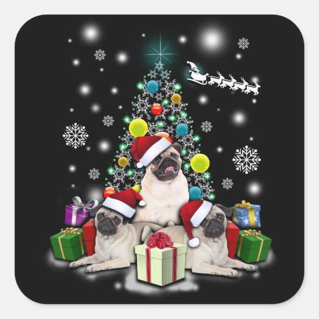 Adesivo Quadrado Feliz Natal com Pug Dog Animal (Frente)