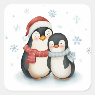 Adesivo Quadrado Feliz Natal da Família Penguin, no inverno