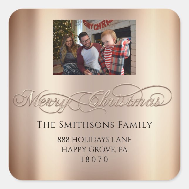 Adesivo Quadrado Feliz Natal Da Foto Do Rosa Blush RSVP (Frente)