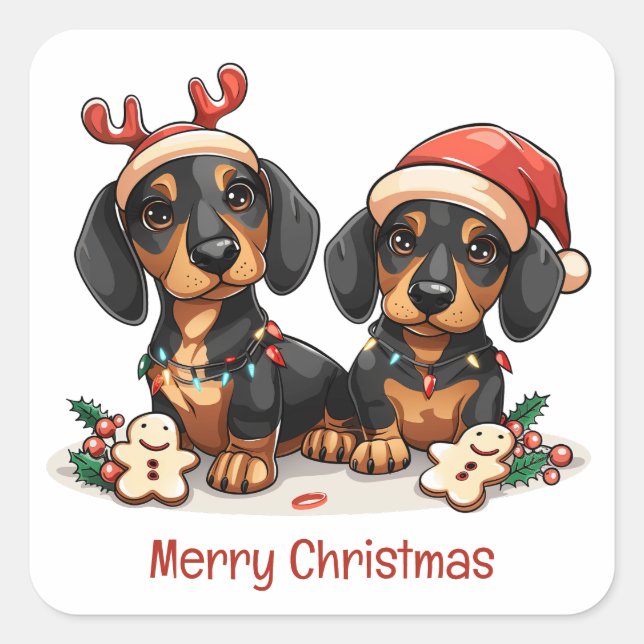 Adesivo Quadrado Feliz Natal Dachshund Dogs (Frente)