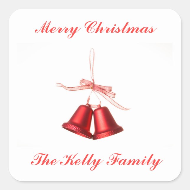 Adesivo Quadrado Feliz Natal, decoração de Red Bell com texto (Frente)