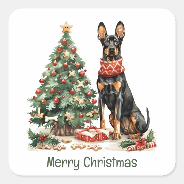 Adesivo Quadrado Feliz Natal Dobermann Dogs (Frente)