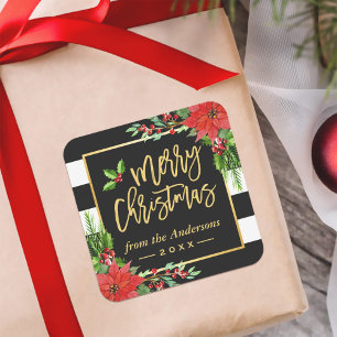 Adesivo Quadrado Feliz Natal Dourado - Letra Decoração Floral