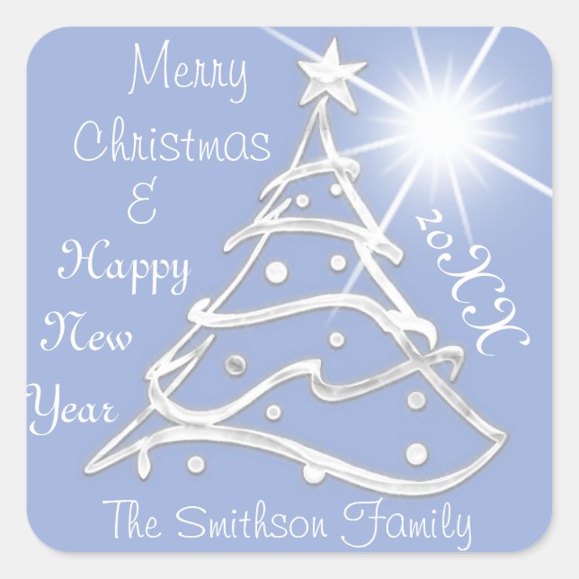 Adesivo Quadrado Feliz Natal e Feliz ano novo, Cinza azul (Frente)