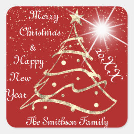 Adesivo Quadrado Feliz Natal e Feliz ano novo Vermelho Dourado