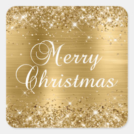 Adesivo Quadrado Feliz Natal em Glitter Dourado