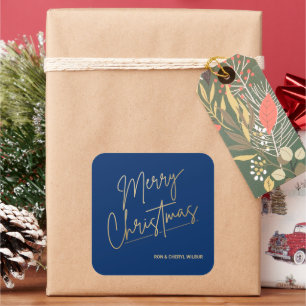 Adesivo Quadrado Feliz Natal em Ouro em Azul