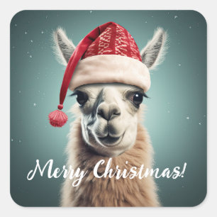 Adesivo Quadrado Feliz Natal Engraçado, Cute Lllama Alpaca Santa Ha