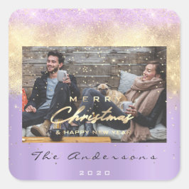 Adesivo Quadrado Feliz Natal Estrelas de Ano Violeta Foto Dourada