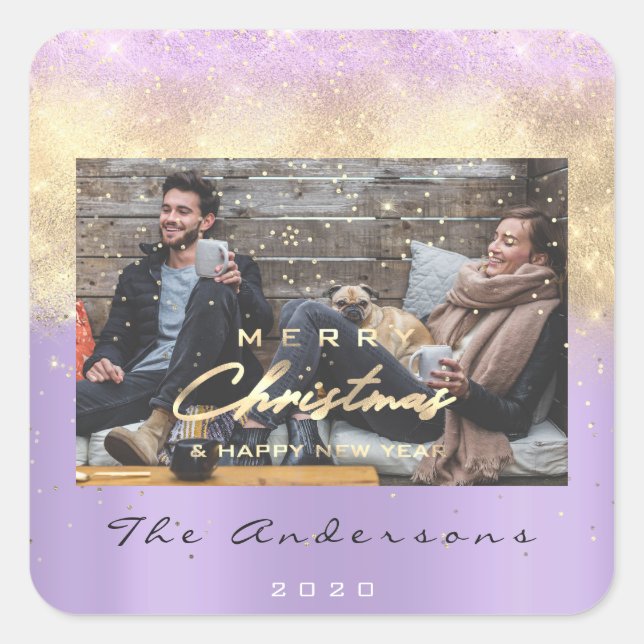 Adesivo Quadrado Feliz Natal Estrelas de Ano Violeta Foto Dourada (Frente)