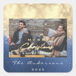 Adesivo Quadrado Feliz Natal Feliz Ano Estrelas Foto Dourada Azul