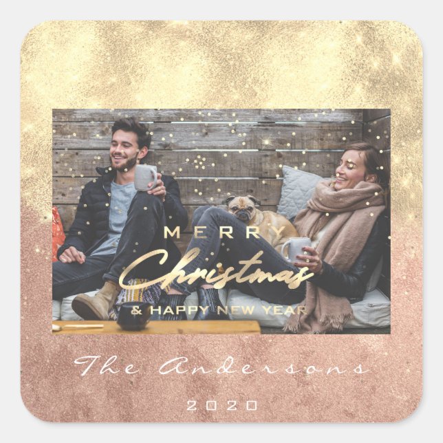 Adesivo Quadrado Feliz Natal Feliz Ano Estrelas Rosa Foto Dourada (Frente)