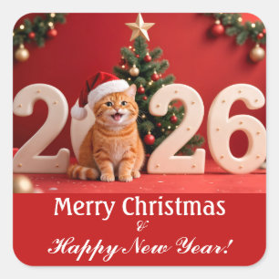 Adesivo Quadrado Feliz Natal & Feliz Ano Novo, Gato Papai Noel Verm