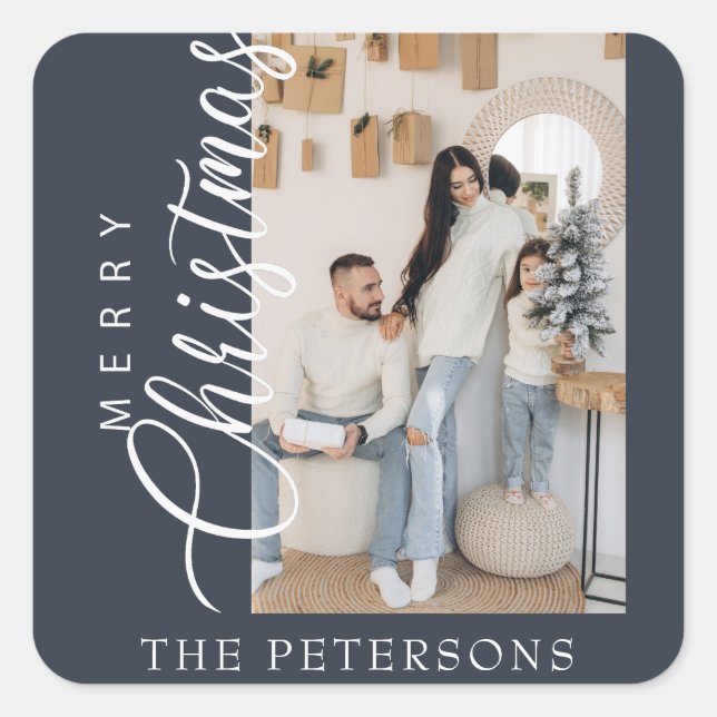 Adesivo Quadrado "Feliz Natal" Foto Azul Moderna da meia-noite (Frente)