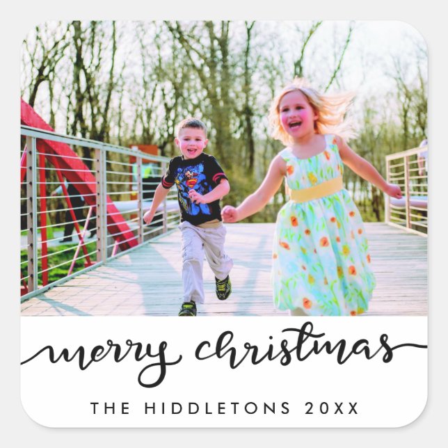 Adesivo Quadrado Feliz Natal Foto de Script Moderno Manuscrito (Frente)