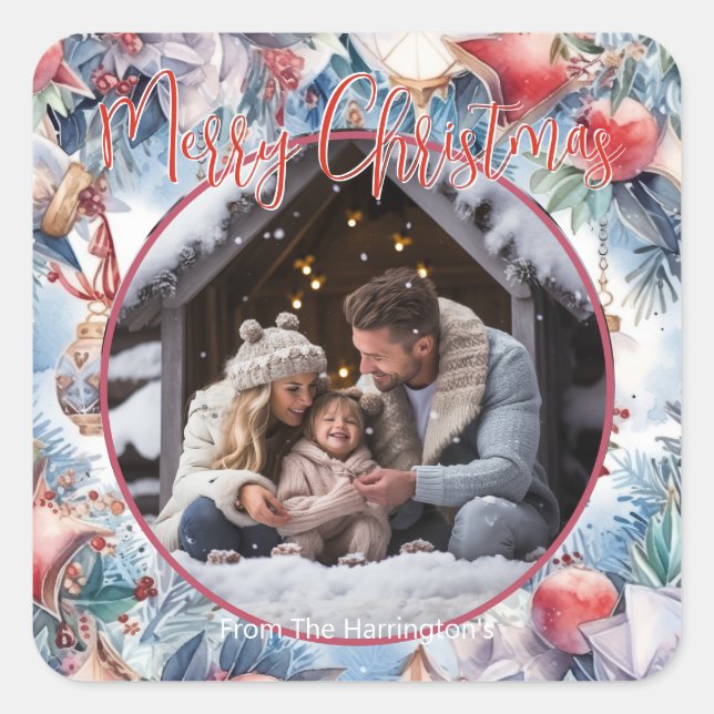 Adesivo Quadrado Feliz Natal - Foto Decorativa de Aquarela (Frente)