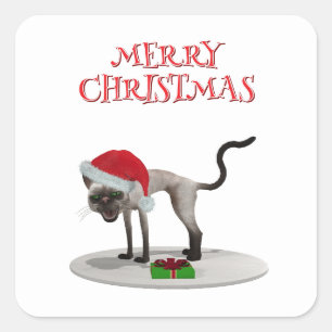 Adesivo Quadrado Feliz Natal. Gato com chapéu de Papai Noel