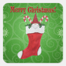 Adesivo Quadrado Feliz Natal Gnomo em Stocks Candy Cane Green