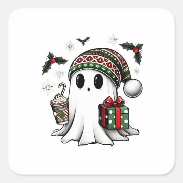 Adesivo Quadrado Feliz Natal Halloween Ghost Santa Hat (Frente)