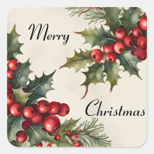 Adesivo Quadrado Feliz Natal Holly Sprigs (Frente)