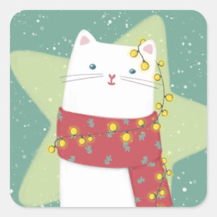 Adesivo Quadrado Feliz Natal: Ilustração de Gato