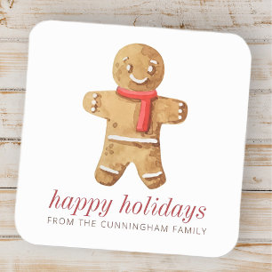Adesivo Quadrado Feliz Natal Moderno Homem Gingerpão de Aquarela