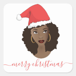 Adesivo Quadrado Feliz Natal, Mulher Negra, Chapéu Vermelho de Sant