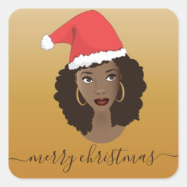 Adesivo Quadrado Feliz Natal, Mulher Negra, Papai Noel, Amarelo
