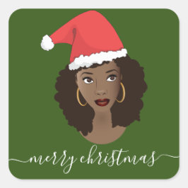 Adesivo Quadrado Feliz Natal, Mulher Negra, Papai Noel, Verde