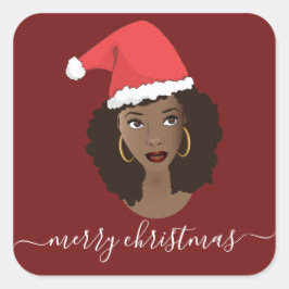 Adesivo Quadrado Feliz Natal, Mulher Negra, Papai Noel, Vermelho
