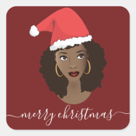 Adesivo Quadrado Feliz Natal, Mulher Negra, Papai Noel, Vermelho