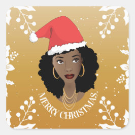 Adesivo Quadrado Feliz Natal, Mulher Negra, Papais noeis Vermelhos,