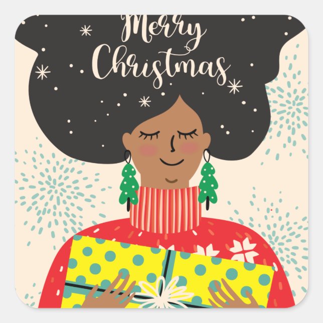 Adesivo Quadrado Feliz Natal, Mulher Negra, Suéter Brilhante Presen (Frente)