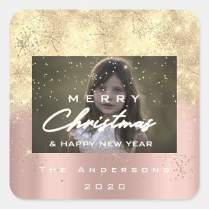 Adesivo Quadrado Feliz Natal Nome Dourado Snow Glitter Foto Rosa