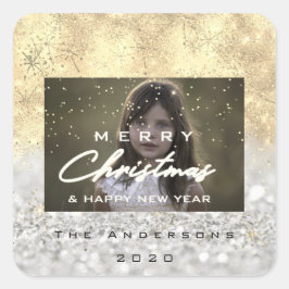 Adesivo Quadrado Feliz Natal Nome Dourado Snow Glitter FotoCinza