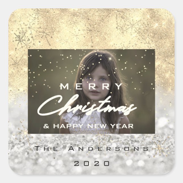 Adesivo Quadrado Feliz Natal Nome Dourado Snow Glitter FotoCinza (Frente)