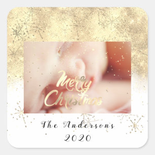 Adesivo Quadrado Feliz Natal Nome Dourado Stars Glitter Fotografia 
