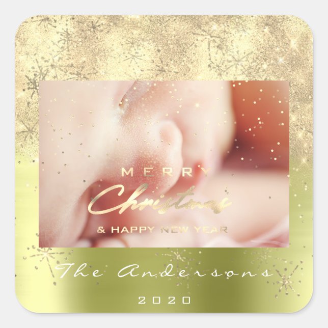 Adesivo Quadrado Feliz Natal Nova Mensagem de Fotografia Glitter Do (Frente)