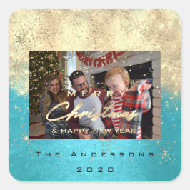 Adesivo Quadrado Feliz Natal Novo Azul de Foto Dourado