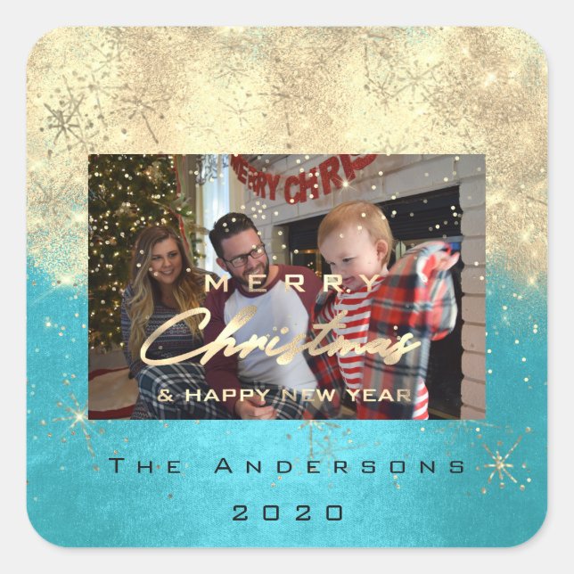 Adesivo Quadrado Feliz Natal Novo Azul de Foto Dourado (Frente)