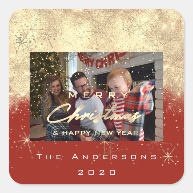 Adesivo Quadrado Feliz Natal Novo Sepia Dourado Vermelho Foto Glitt (Frente)