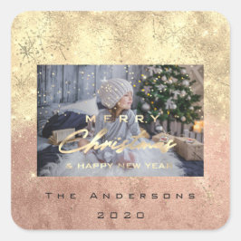 Adesivo Quadrado Feliz Natal Novo Sepia Foto Dourada Glitter Peach