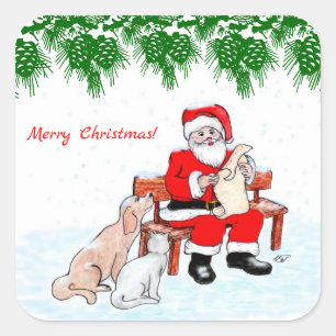 Adesivo Quadrado Feliz Natal - Papai Noel com gato e cão