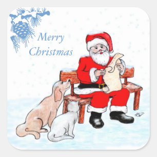 Adesivo Quadrado Feliz Natal - Papai Noel com gato e cão