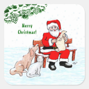 Adesivo Quadrado Feliz Natal! Papai Noel com Gato e Cão